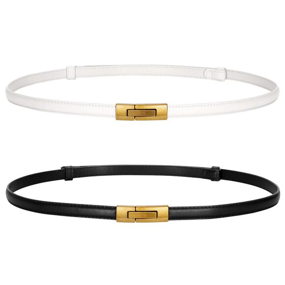Lеасооlkеу Accessories - 2387 2 Pack Women Skinny Leather Belts Ladies Vintage Gold Buckle Thin